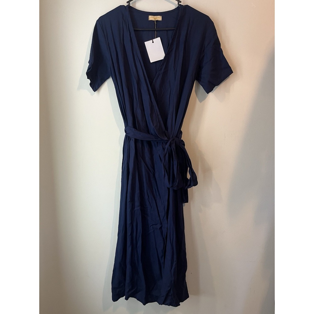 Women's Navy Wrap Maxi Dress with Tie Waist